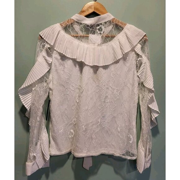 New White Chiffon Lace Ruffle Bow Neck Artsy Western Button Up Top Sz M - Picture 6 of 10